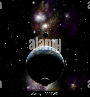 Des Künstlers Darstellung einer Erde Typ Welt mit zwei Monde vor dem Hintergrund des Nebels und der Sterne. Stockfoto