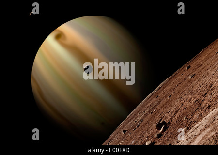 Des Künstlers Darstellung eines Gas riesigen Planeten umgeben von drei Monden. Die Aussicht ist von den größten und am weitesten entfernte Mond in der Gruppe. Stockfoto