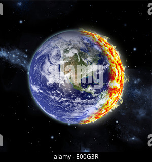 Eine künstlerische Darstellung des Planeten Erde Feuer fangen. Stockfoto