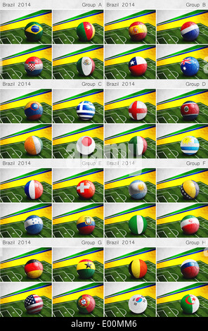 Brasilien 2014 Gruppe Zeichnungen. Fußbälle mit Flaggen der teilnehmenden Länder der Fußball Weltmeisterschaft in Brasilien 2014. Stockfoto