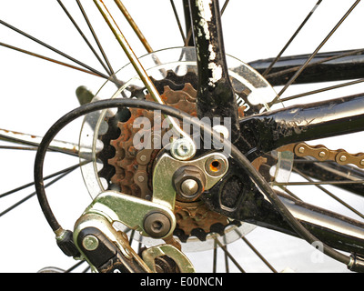 Nahaufnahme von rostigen Fahrrad Zahnräder und Kette. Stockfoto