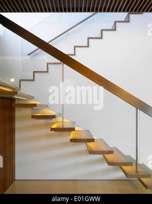 Interieur Glas und Holz float Treppe in einem Einfamilienhaus in Cove, Sentosa, Singapur von Robert Greg Shand Architekten Stockfoto