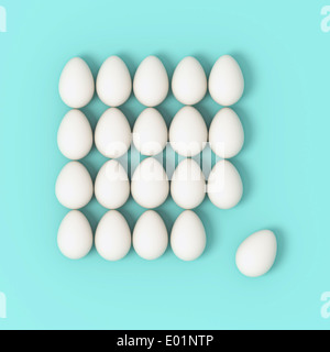 fünfundzwanzig von weißen Eiern in Reihen auf Türkis Hintergrund - 3d Render Abbildung Stockfoto