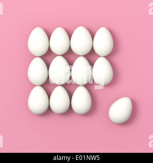 Dutzend weiße Eier in Reihen auf rosa Hintergrund - 3d Render Abbildung Stockfoto