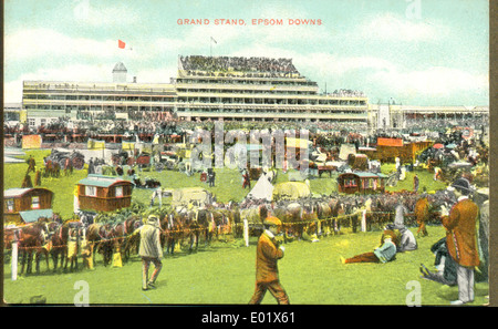 Edwardian Postkarte des Racegoers und der Grand Stand, Epsom Stockfoto