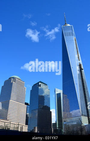 Lower Manhattan Skyline einschließlich One World Trade Center und Brookfield Place. Stockfoto