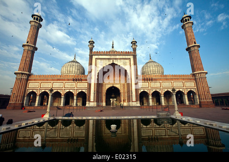 Die Jama Masjid (Freitags-Moschee) spiegelt sich in einem Pool für rituelle Waschungen, Alt-Delhi, Indien Stockfoto