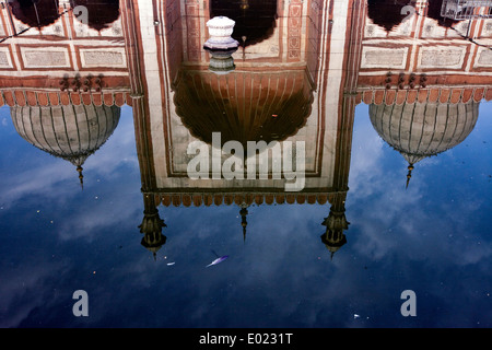 Die Jama Masjid (Freitags-Moschee) spiegelt sich in einem Pool für rituelle Waschungen, Alt-Delhi, Indien Stockfoto