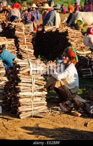 Eine Frau verkauft Brennholz am Morgen Markt Thaung Tho, Inle See Stockfoto