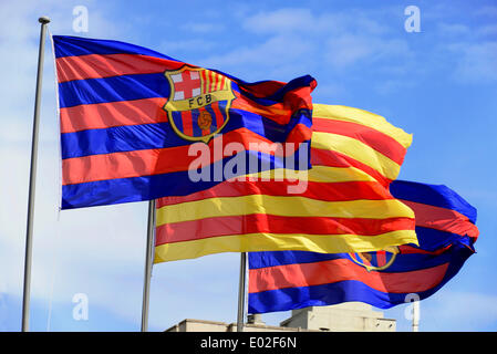 FC Barcelona-Fahnen im Stadion Camp Nou, Barcelona, Katalonien, Spanien Stockfoto