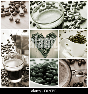 eine Collage aus verschiedenen Bildern in schwarz und weiß Tassen Kaffee und gerösteten Kaffeebohnen Stockfoto