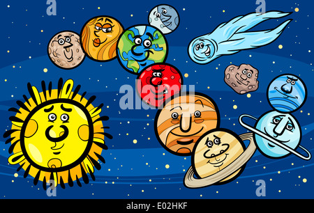 Cartoon-Illustration von lustigen Planeten des Sonnensystems Raumgruppe Maskottchen Zeichen Stockfoto