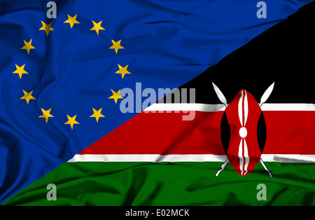 Wehende Flagge von Kenia und EU Stockfoto