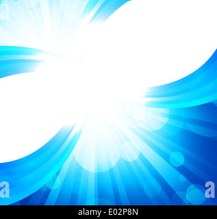 Leuchtend blauer Hintergrund mit Strahlen und Kreise. Abstrakte Darstellung Stockfoto
