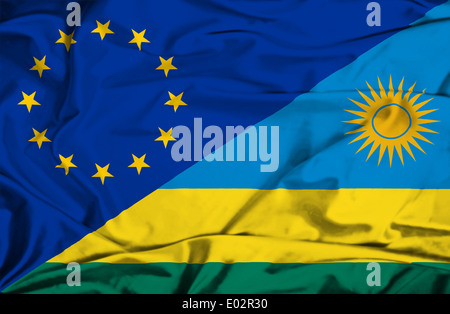 Wehende Flagge von Ruanda und EU Stockfoto