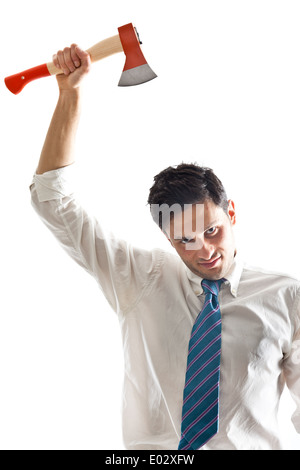 ein junger Geschäftsmann mit Beil einige Dokumente anzeigen Stockfoto