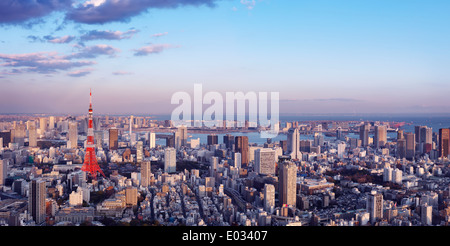 Lizenz verfügbar unter MaximImages.com - Tokyo Tower in Stadtlandschaft mit Odaiba, Regenbogenbrücke und Tokyo Bay im Hintergrund, Panoramablick sce aus der Luft Stockfoto