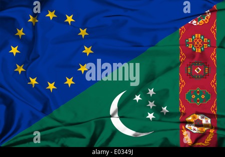 Wehende Flagge von Turkmenistan und EU Stockfoto