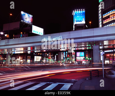 Roppongi-Dori und Gaien Higashi Dori Kreuzung mit Ampel-Trails in der Nacht. Roppongi, Tokyo, Japan. Stockfoto
