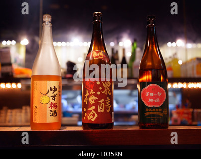 Japanischer Sake Flaschen, ume und Yuzu alkoholische Getränke an einer Bar Theke. Izakaya. Tokio, Japan. Stockfoto