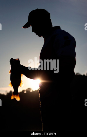 Ein einsamer Bass Angler bewundert die endgültige Largemouth des Tages als die Sonne hinter den Hügeln am Lake Berryessa in Kalifornien. Stockfoto