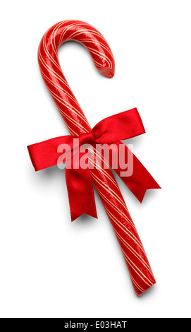 Rote Zuckerstangen mit dünnen weißen Streifen und roter Schleife, Isolated on White Background. Stockfoto