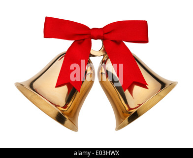 Goldene Glocken mit roter Schleife, Isolated on White Background. Stockfoto