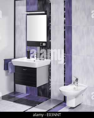 Detail des Innenraumes elegantes Badezimmer mit Spiegel und Waschbecken mit Zubehör Stockfoto