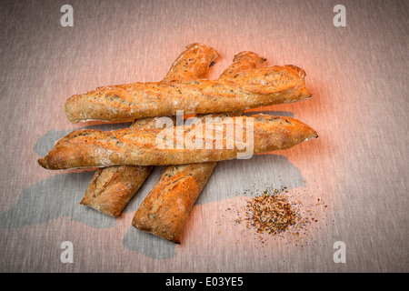 Eine Darstellung der verschiedenen Brotsorten: mit Mohn, Flachs, Sonnenblume, Hirse oder Sesam-Samen.  Vorstellung de différent schmerzt Aux Graines. Stockfoto