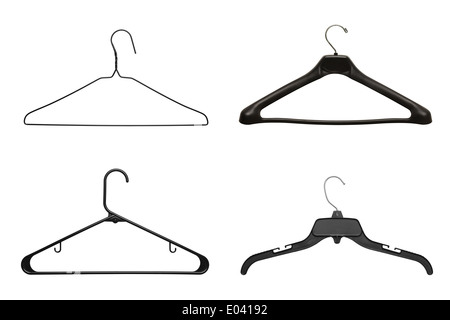 Vier schwarze Kleiderbügel, Isolated on White Background. Stockfoto