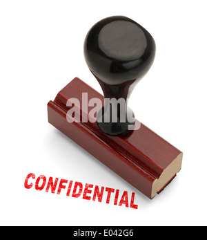Hölzernen Griff Stamper mit vertraulichen Stempel in roter Tinte isoliert auf weißem Hintergrund. Stockfoto