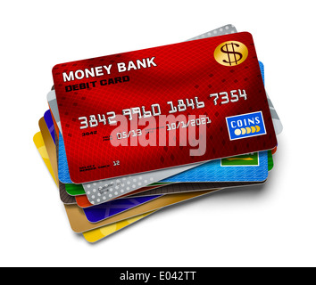 Einige Kreditkarten in einem Haufen, Isolated on White Background. Stockfoto