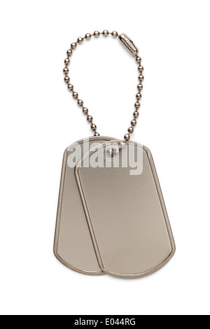 Military silberne Dog Tags an einem kleinen Schlüsselanhänger, Isolated on White Background. Stockfoto