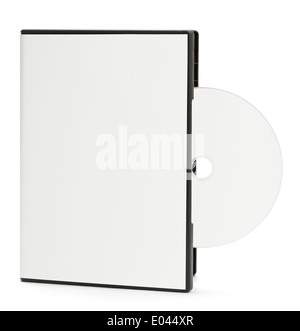 Leere weiße DVD-Hülle mit Rohling herausragen isoliert auf weißem Hintergrund. Stockfoto