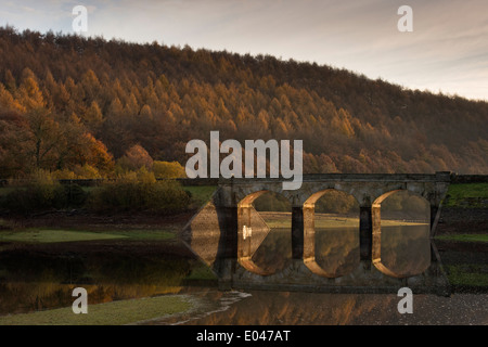 Malerischer Blick auf sonnenbeschienene Bögen der Brücke & Wald, in ruhigem Wasser von Lindley Holz Behälter wider - in der Nähe von Otley, North Yorkshire, England, UK. Stockfoto