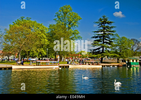 Sportboote vor Anker, Flussufer in Stratford-upon-Avon an einem Frühlingsmorgen Stockfoto