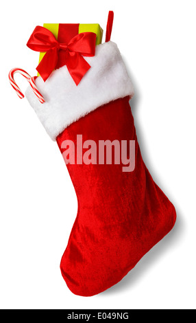 Weihnachts-Strumpf mit Geschenken, Isolated on White Background. Stockfoto