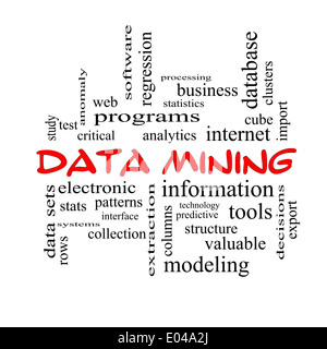 Data Mining Word Cloud Konzept in roten Kappen mit großen Begriffe wie Analytics, Internet, Statistiken und mehr. Stockfoto