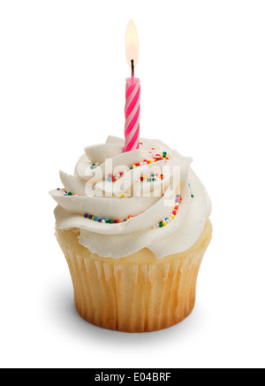 Cupcake mit rosa Kerze, Isolated on White Background. Stockfoto