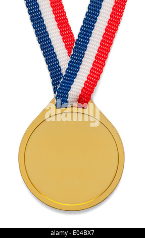 Leere goldene Medaille mit Band, die isoliert auf weißem Hintergrund. Stockfoto