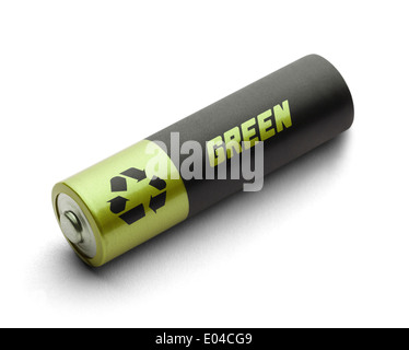 Batterie mit Recycling-Symbol und grün auf es isoliert auf einem weißen Hintergrund. Stockfoto