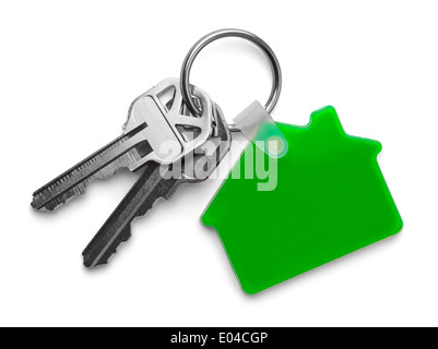 Hausschlüssel mit Green House Schlüsselbund isoliert auf weißem Hintergrund. Stockfoto
