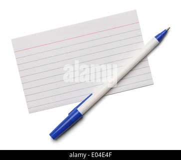 Leere Notiz Karteikarte mit blauen Stift isoliert auf einem weißen Hintergrund. Stockfoto