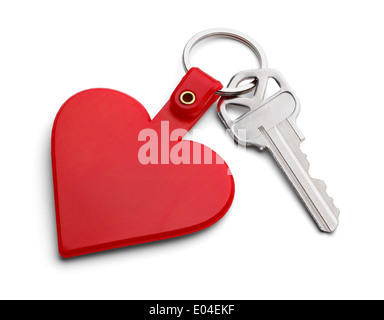 Schlüssel mit roten Herzen Schlüsselanhänger, Isolated on White Background. Stockfoto