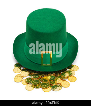 Grüne St. Patricks Day Filzhut Top mit goldener Schnalle und Goldmünzen, Isolated on White Background. Stockfoto