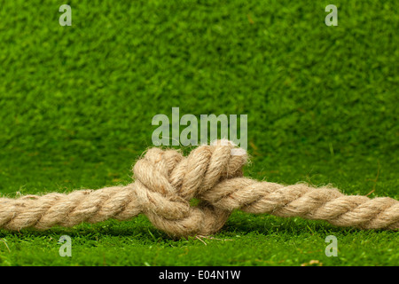 Detail der Knoten am Seil über grünen Rasen Stockfoto