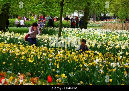 Lisse, Niederlande. 1. Mai 2014. Menschen besuchen den Garten der Keukenhof in Lisse, Niederlande, 1. Mai 2014. Keukenhof, auch bekannt als Garten Europas, ist der weltweit berühmteste Tulpe Garten, befindet sich in Lisse, Niederlande. Keukenhof ist mit Touristen, die Form auf der ganzen Welt kommen in der Regel von Mitte März bis Mitte Mai geöffnet. Bildnachweis: Gong Bing/Xinhua/Alamy Live-Nachrichten Stockfoto