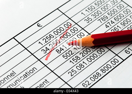 Zahlen der Statistik mit rotem Stift in Franz? Sicher Sprache., objekthaften Einer Statistik Mit Rotstift in Franzoesicher Sprach Stockfoto