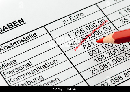 Zahlen einer Statistik mit Rotstiftin Deutsch., objekthaften Einer Statistik Mit Rotstiftin Deutscher Sprache. Stockfoto