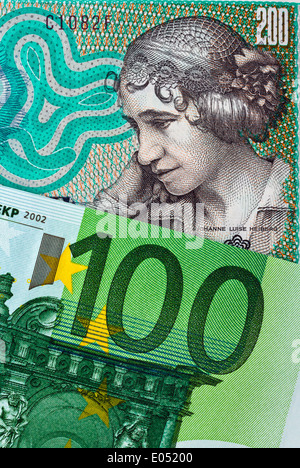 Dänische Kronen. Währung von Dänemark in Europa. Und Euromoney Banknoten., Daenische Kronen. Waehrung aus Daenemark in Europa. U Stockfoto